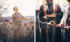 Collage: Christendom’s moral uncleanness. 1. A clergyman blessing troops, as he holds a Bible. 2. A clergywoman performing a marriage ceremony for two homosexual men, as she holds a Bible.