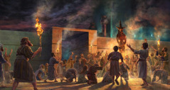 Afvallige Joden vereren in het donker een afgodisch beeld bij de noordelijke poort van de tempel in Jeruzalem