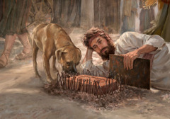 Ezekiel lying down on his right side in front of a brick while he holds an iron griddle between him and the brick.