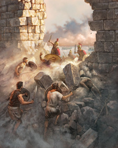 Greek soldiers breaching the wall of the island-city of Tyre.