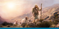 A shepherd leading his flock of sheep through the wilderness.