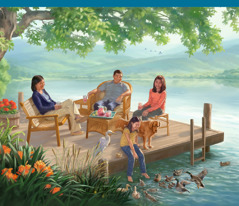משפחה יושבת בשלווה על מזח ליד אגם בגן עדן ארצי.‏