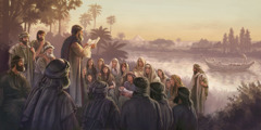 رجال ونساء وأولاد يهود مجتمعون قرب نهر يسمعون رجلًا يقرأ من كتاب.‏ وفي الخلف تظهر مدينة بابل