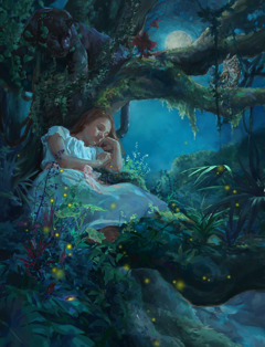 Een meisje ligt ’s nachts rustig onder een boom in het bos te slapen. In de boom boven haar ligt een panter