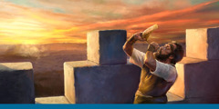 Een wachter staat op de muren van Jeruzalem en blaast op een hoorn