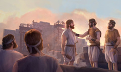 Nehemiah exhorting his fellow workers who are rebuilding Jerusalem’s walls.