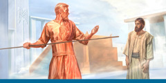 Ezekiel ser på mens manden der skinner som kobber, begynder at måle templet i synet.