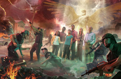 A neighborhood during Armageddon. The police are in the street attacking one another with weapons while Jehovah’s angel is protecting a group of God’s people.