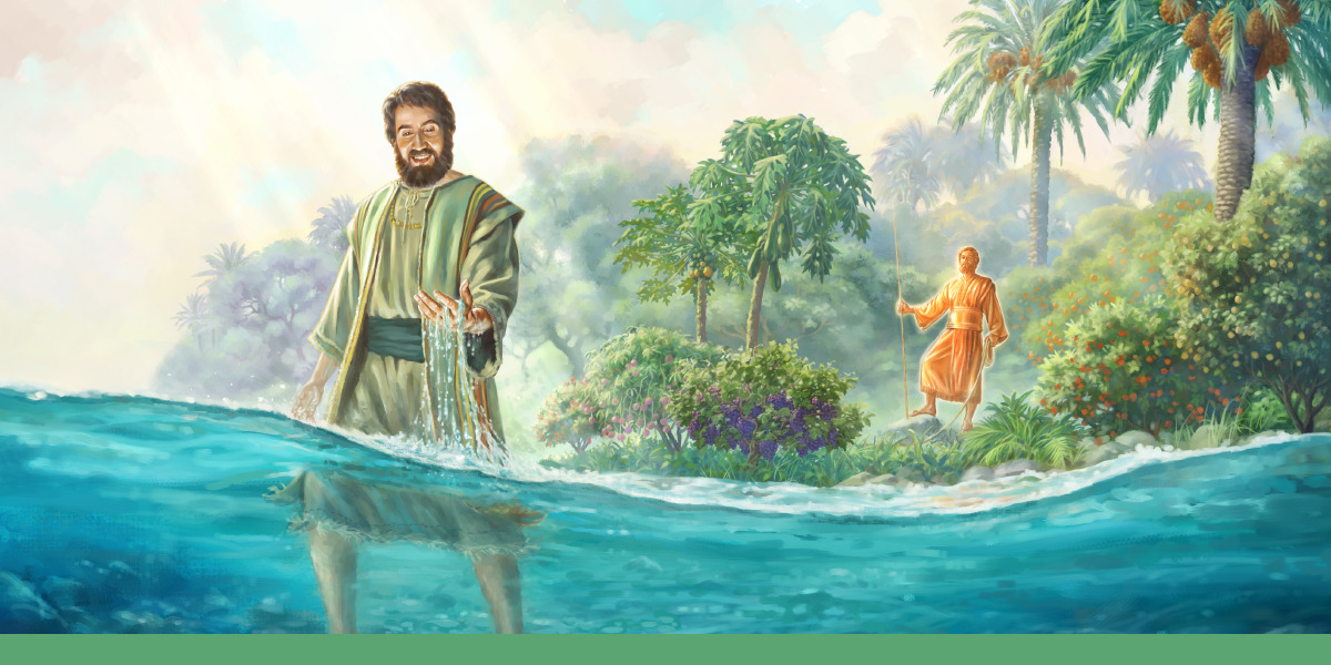 Ezekiel walking through a flowing river as a man with a copper appearance watches him from the riverbank.