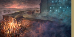 Mens det er mørkt, tilbeder frafaldne jøder et afgudsbillede ved nordporten til templet i Jerusalem.
