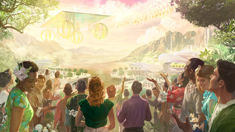 Οι άγγελοι στον ουρανό και οι τέλειοι άνθρωποι στη γη λατρεύουν χαρούμενα τον Ιεχωβά, ο οποίος κάθεται στο ουράνιο άρμα του.