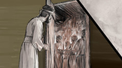 Ezékiel benéz a templom belső udvarába, és azt látja, hogy vének füstölőszert égetnek a hamis isteneket ábrázoló fali véseteknek.