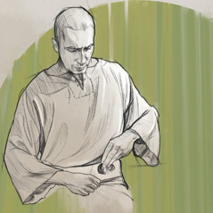 Ezekiel wrapping a portion of his shaved-off hair in folds of his garment.