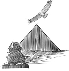 An eagle flying over a pyramid and sphinx.