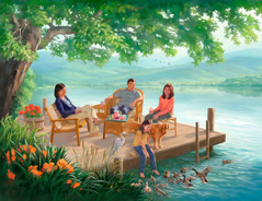 عائلة تجلس مرتاحة عند بحيرة في الجنة على الأرض