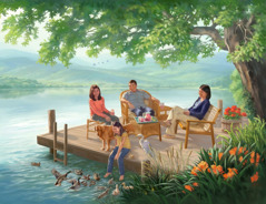 Een gezin zit in het paradijs gezellig bij elkaar aan een meer
