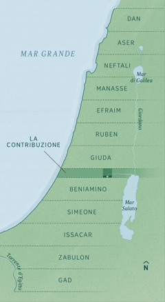 Una cartina che mostra i confini dei territori assegnati agli ebrei tornati dall’esilio, come riportato da Ezechiele. Il paese è suddiviso in modo equo tra le tribù; da nord a sud si vedono i territori di Dan, Aser, Neftali, Manasse, Efraim, Ruben, Giuda, la contribuzione (striscia a uso amministrativo), Beniamino, Simeone, Issacar, Zabulon e Gad.