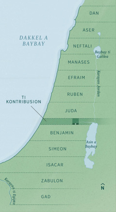 Mapa a mangipakita kadagiti beddeng ti daga a bingay dagiti agsubli a naipanaw, kas insurat ni Ezekiel. Agpapada ti tawid dagiti tribu manipud amianan nga agpaabagatan mangrugi iti Dan, Aser, Neftali, Manases, Efraim, Ruben, Juda, Ti Kontribusion (administratibo a paset), Benjamin, Simeon, Isacar, Zabulon, ken Gad.