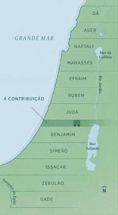 Um mapa mostrando os limites da terra distribuída entre os exilados, conforme registrado por Ezequiel. A herança de cada tribo está distribuída em partes iguais de norte a sul, começando com Dã, Aser, Naftali, Manassés, Efraim, Rubem, Judá, a “contribuição” (faixa administrativa), Benjamin, Simeão, Issacar, Zebulão e Gade.