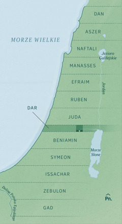 Mapa, na której widać opisany przez Ezechiela przydział ziemi dla powracających wygnańców. Równej szerokości pasy ziemi dla plemion są wytyczone od północy na południe w następującej kolejności: Dan, Aszer, Naftli, Manasses, Efraim, Ruben, Juda, dar (obszar na cele administracyjne), Beniamin, Symeon, Issachar, Zebulon, Gad.