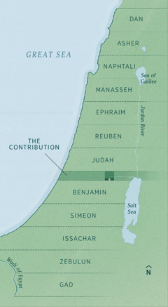 A map showing the boundaries of the land allotment for returning exiles, as recorded by Ezekiel. Tribal inheritances are laid out evenly from north to south starting with Dan, Asher, Naphtali, Manasseh, Ephraim, Reuben, Judah, The Contribution (administrative strip), Benjamin, Simeon, Issachar, Zebulun, and Gad.
