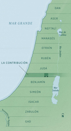 Un mapa mostrando las fronteras de las franjas de tierra que se entregarían a los exiliados que volvieran, tal como las describió Ezequiel. Los territorios heredados por las tribus trazados de forma equitativa de norte a sur, empezando por Dan y siguiendo por Aser, Neftalí, Manasés, Efraín, Rubén, Judá, la contribución (franja para un propósito administrativo), Benjamín, Simeón, Isacar, Zabulón y Gad.