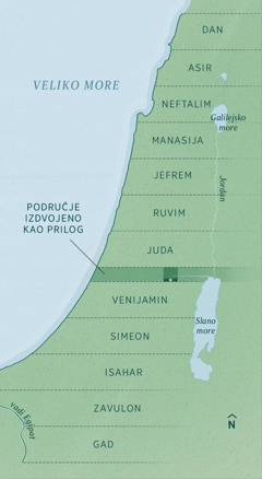 Mapa koja pokazuje granice zemlje koja je podeljena izgnanicima koji su se vratili u domovinu, kako je Jezekilj zabeležio. Nasledstvo je ravnomerno podeljeno među plemenima od severa prema jugu: Dan, Asir, Neftalim, Manasija, Jefrem, Ruvim, Juda, područje izdvojeno kao prilog (administrativni pojas), Venijamin, Simeon, Isahar, Zavulon i Gad.