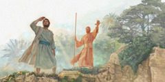 Un hombre que parece de cobre mostrándole a Ezequiel la tierra que se daría en herencia.