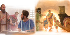 شدرخ وميشخ وعبدنغو يخرجون من اتون النار سالمين؛‏ الرسول بولس يُملي رسالة على تيموثاوس وهو في الاقامة الجبرية في احد المنازل.‏