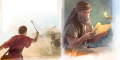 يشوع يقرأ الشريعة؛‏ داود يقذف حجرا على جليات بالمقلاع