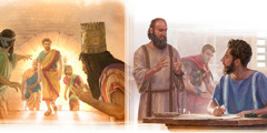 Šadrah, Mešah in Abednego nepoškodovani prihajajo iz ognja; apostol Pavel v hišnem priporu Timoteju narekuje pismo.