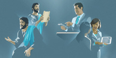 Jésus parle ; Jésus lit un rouleau ; un frère prononce un discours ; une sœur montre une vidéo à une femme