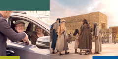 Колаж: 1) Възрастна двойка седи в паркираната си кола. Те поздравяват усмихнато минувач; 2) Семейство в библейски времена в двора на храма в Йерусалим