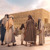 A family in Bible times standing in the courtyard of the temple in Jerusalem.