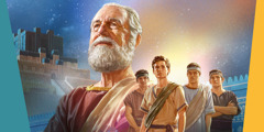 Collage: 1. Profeten Daniel. 2. En ziggurat i den forntida staden Babylon. 3. Daniel och hans tre hebreiska vänner som unga.