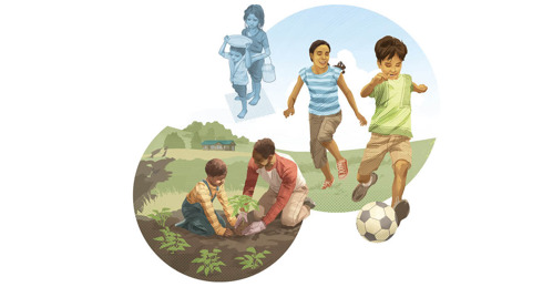 Дети, в прошлом голодные и изнурённые трудом, теперь помогают родителям возделывать огород и играют в футбол.