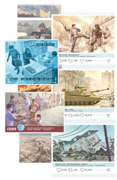 Collage: Scenes of conditions that the Bible foretold regarding ‘the last days.’ 1. Buildings on fire. 2. A soldier shoots a machine gun. 3. Civilians fight against police in riot gear. 4. Two men rob a man at a store. 5. An army tank raids a city. 6. Hungry people wear masks and stand in a food line. 7. Dry earth splits apart for miles. 8. A house crumbles in ruins after an earthquake.