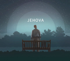 Muž se dívá na noční oblohu. Je na ní jméno Jehova