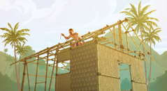 Een man in de tropen maakt een dak van bamboe op een huis.