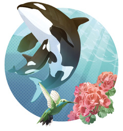 کولاژ:‏ نهنگ همراه چوچه‌ش،‏ گُل‌ها و یک پرندهٔ زرین‌بال.‏