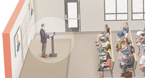 A. Jehovan todistaja -mies pitää Raamattuun perustuvaa puhetta lavalla kokouksen aikana.