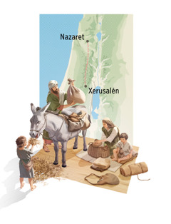 Colaxe: Xosé, María, Xesús e un dos irmáns de Xesús, preparándose para unha viaxe. 1. Xosé carga a equipaxe nun burro mentres María prepara o que van levar para comer. 2. Un mapa mostra a ruta dende Nazaret ata Xerusalén.