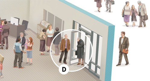 D. Egy férfi Tanú kinyitja az ajtót egy idős férfi előtt, aki az összejövetelre jön.