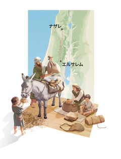 ヨセフ，マリア，イエス，イエスの弟の1人が旅の支度をしている。1. ヨセフがロバに荷物を載せ，マリアは食料を準備している。2. ナザレからエルサレムまでのルートを示した地図。