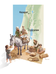 Малюнок: Йосиф, Марія, Ісус та один з Ісусових братів збираються у подорож. 1. Йосиф кладе речі на осла, Марія пакує їжу. 2. Карта, на якій показано маршрут їхньої подорожі з Назарета до Єрусалима.
