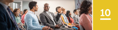 Lesson 10. A man looks at a scripture that a Witness shows him in the Bible during a congregation meeting of Jehovah’s Witnesses.