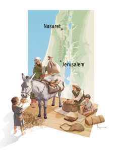 Bildeserie: Josef, Maria, Jesus og et av søsknene til Jesus forbereder seg til en reise. 1. Josef legger vesker og poser opp på et esel, og Maria ordner med maten. 2. Et kart som viser ruten fra Nasaret til Jerusalem.