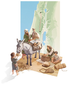 Collage: Joseph, Mary, Jesus, and one of Jesus’ siblings preparing for a journey. 1. Joseph loads bags onto a donkey, and Mary prepares food items. 2. A map shows the route from Nazareth to Jerusalem.