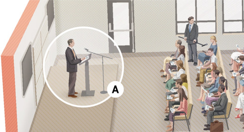 A. W trakcie zebrania stojący na scenie mężczyzna będący Świadkiem Jehowy przedstawia oparte na Biblii przemówienie.