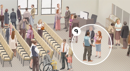 Գ. Վկաներից մեկը հանդիպումից հետո զրուցում է մի ընտանիքի հետ